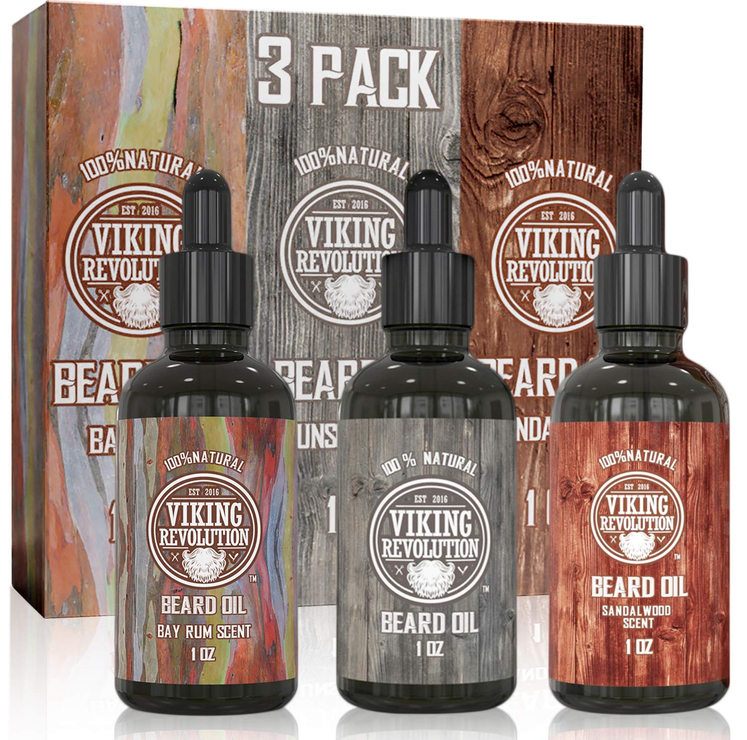 Viking Revolution - Beard Oil - All Natural Variety Beard Oil For Men With Argan & Jojoba Oils - Bay Rum, Unscented, Sandalwood - Softens, Smooths & Strengthens - Gifts For Men - 3 Pack, 3 x 30 ml — image 1