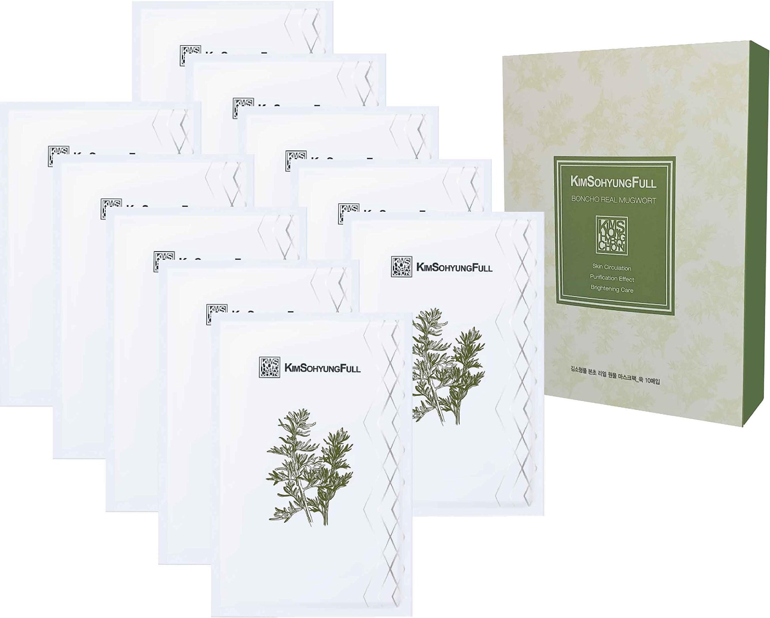 [KimSohyungFull] BONCHO Real Mugwort Sheet Mask (23ml x 10 Packets) - Contains 8% Real Natural Mugwort Leaves, Innovative 3-layer 100% Natural Botanical Sheet, Anti-Aging