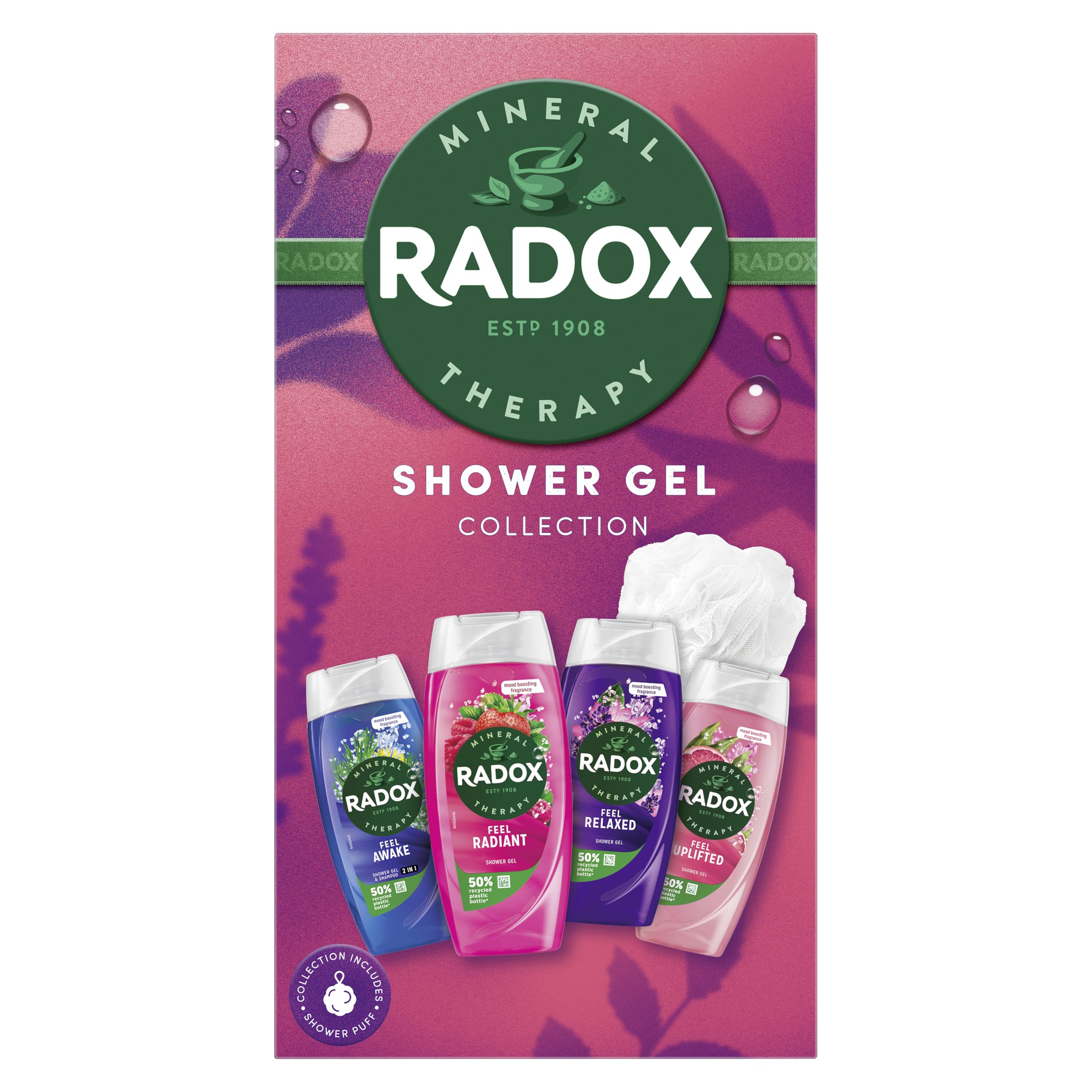Radox Shower Gel Bundle Collection Gift Set with four shower gels and a shower puff perfect for any occasion 4 piece