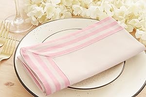 PurpleEssences Cloth Napkins White – 18 x 18 Inch Dinner Napkins Set of 6 – 100% Cotton – Durable Washable Fabric Napkins for Spring Easter – Stripe Edges - Blush Pink