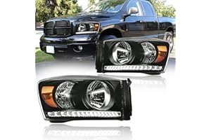 DimFlux LED Headlight Assembly, Compatible with 2006 2007 2008 Dodge Ram 1500/2006-2009 Ram 2500 3500(Fits Models with Halogen Headlamps Only) Headlights Kit, Black Housing Amber Reflector