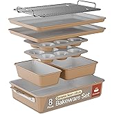 Bakken 8-Piece Stackable Bakeware Set - Ceramic Non-Stick Coating, Baking Sheets, Assorted Baking Pans, PTFE, PFOA & PFOS Free - Healthy Baking, Ergonomic Handles, Cooling Rack, Non-Toxic, Oven-Safe