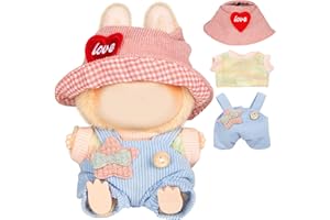 CHICHO 17cm Doll Clothes for Labubu - Kawaii Chic Style Set for 17cm Dolls, Cute Doll Outfit with Accessories - Colorful T-Shirt + Star Light Blue Romper + Heart Shaped Pink Hat (Clothes Only)