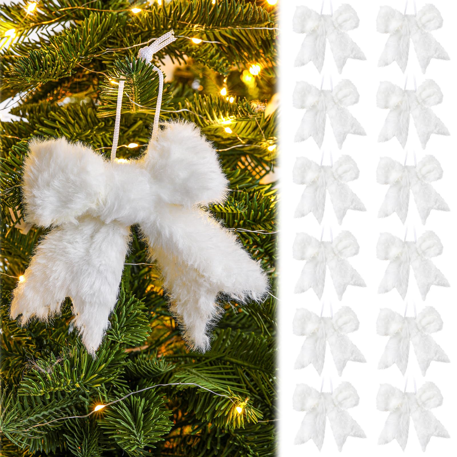 Photo 1 of 12 Pcs Fur White Christmas Tree Bow Decor Furry Farmhouse Bow Hanging Ornaments Rustic Boho Christmas Ball Decorations for Xmas Tree Indoor Outdoor Home Office Decor