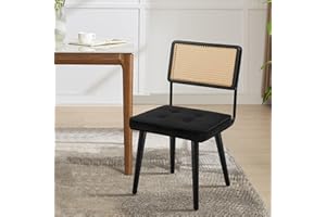 Garvee Natural Rattan Dining Chair, Velvet Upholstered Kitchen Chair with Tall Cane Backrest and Strong Wood Legs for Dining 