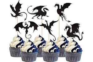 YCTHUNFISH 24 Pack Dragon Cupcake Toppers Glitter Fantasy Birthday Cupcake Picks for Flying Dragon Theme Baby Shower Kids Birthday Party Cake Decorations Supplies Black