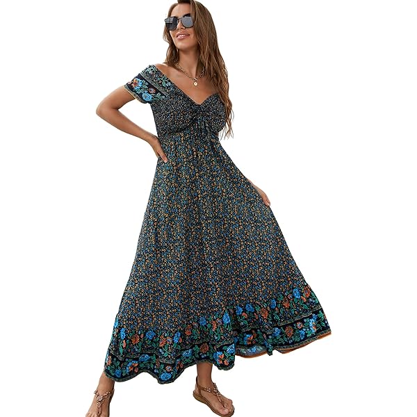 Women's Floral Maxi Dress - Boho V-Neck Short Sleeve Midi Dress With Slit & Ruffle Hem - View #4