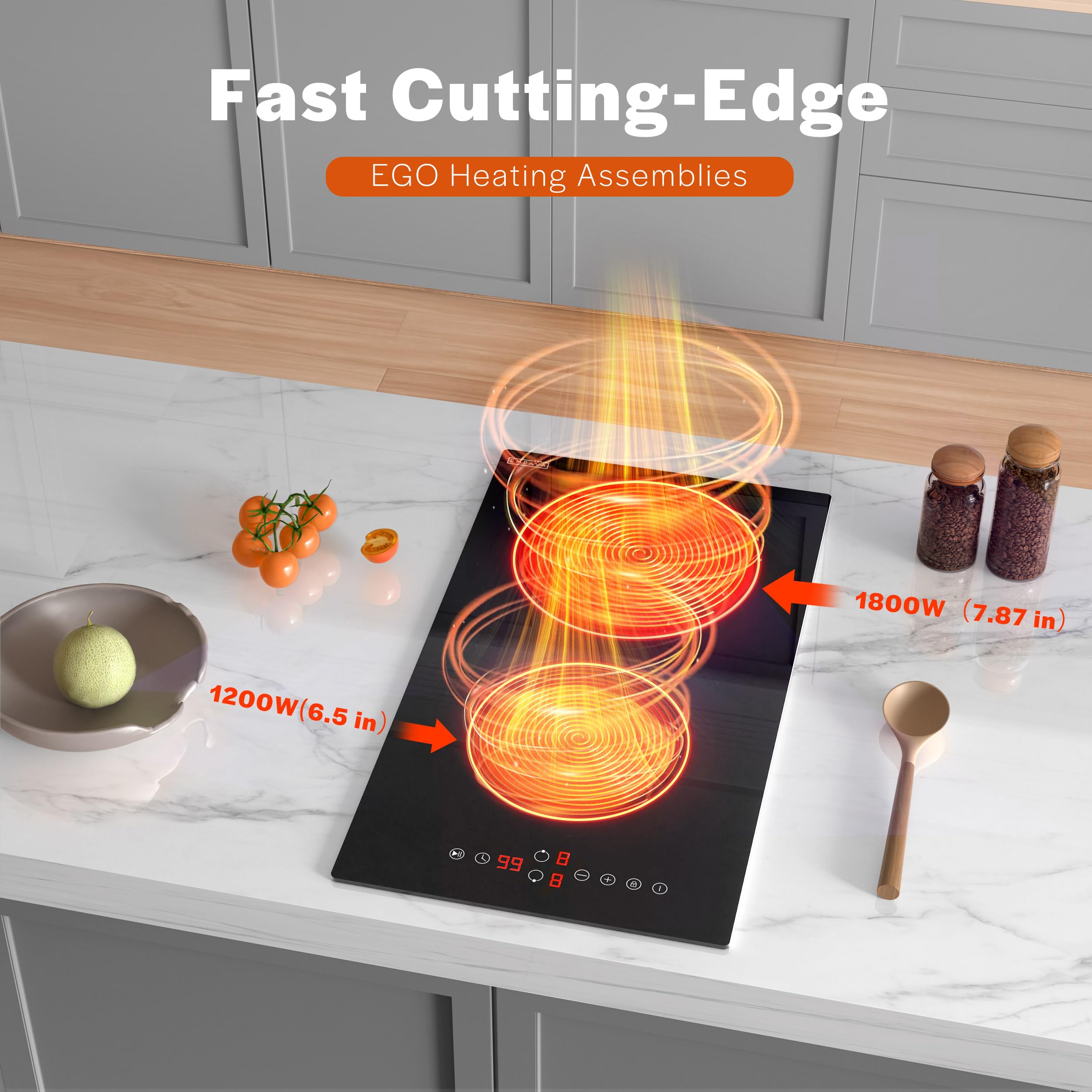 Empava 3000W Cooktop 2 Burner, Built in Infrared Electrical Stove Top for Kitchen 208~240V Hard Wired, No Plug, ETL Certified, Black, 12 Inch Radiant