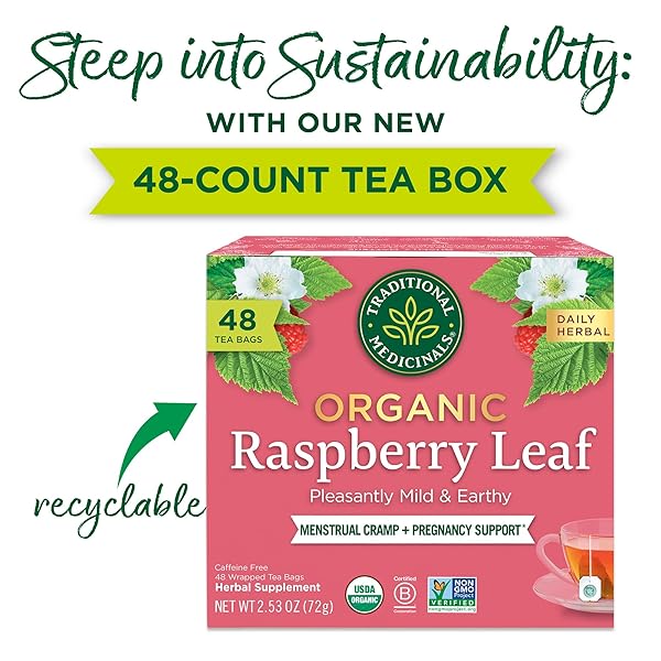 TRADITIONAL MEDICINALS ORGANIC RASPBERRY LEAF HERBAL TEA, EASES MENSTRUAL CRAMPS & SUPPORTS HEALTHY PREGNANCY – 48 TEA BAGS