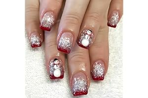 SHUXILIN 24PCS Glitter Christmas Press on Nails Short Square Winter Snowflake Fake Nails Cute Snowmen Design Silver Glitter False Nails Red French Tips Acrylic Nails Snowflake Glue on Nails for Women Girls