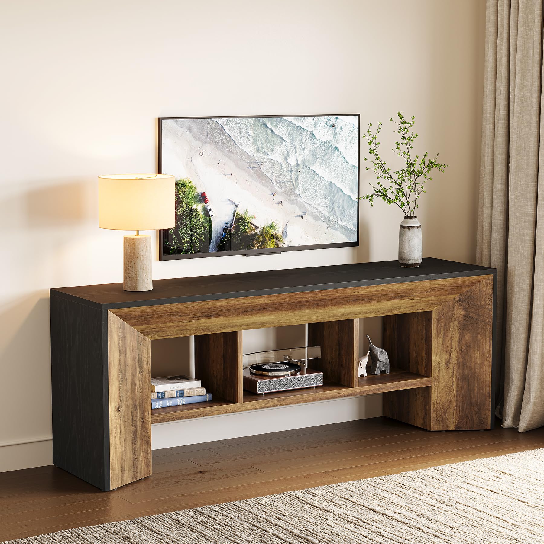 View 1 of LITTLE TREE TV Stand for Up to 70 Inch TV, 63 Inches Long Entertainment Center for Living Room, Industrial Large Media Television Console Furniture with 3 Storage Cubes, Rustic Brown and Black
