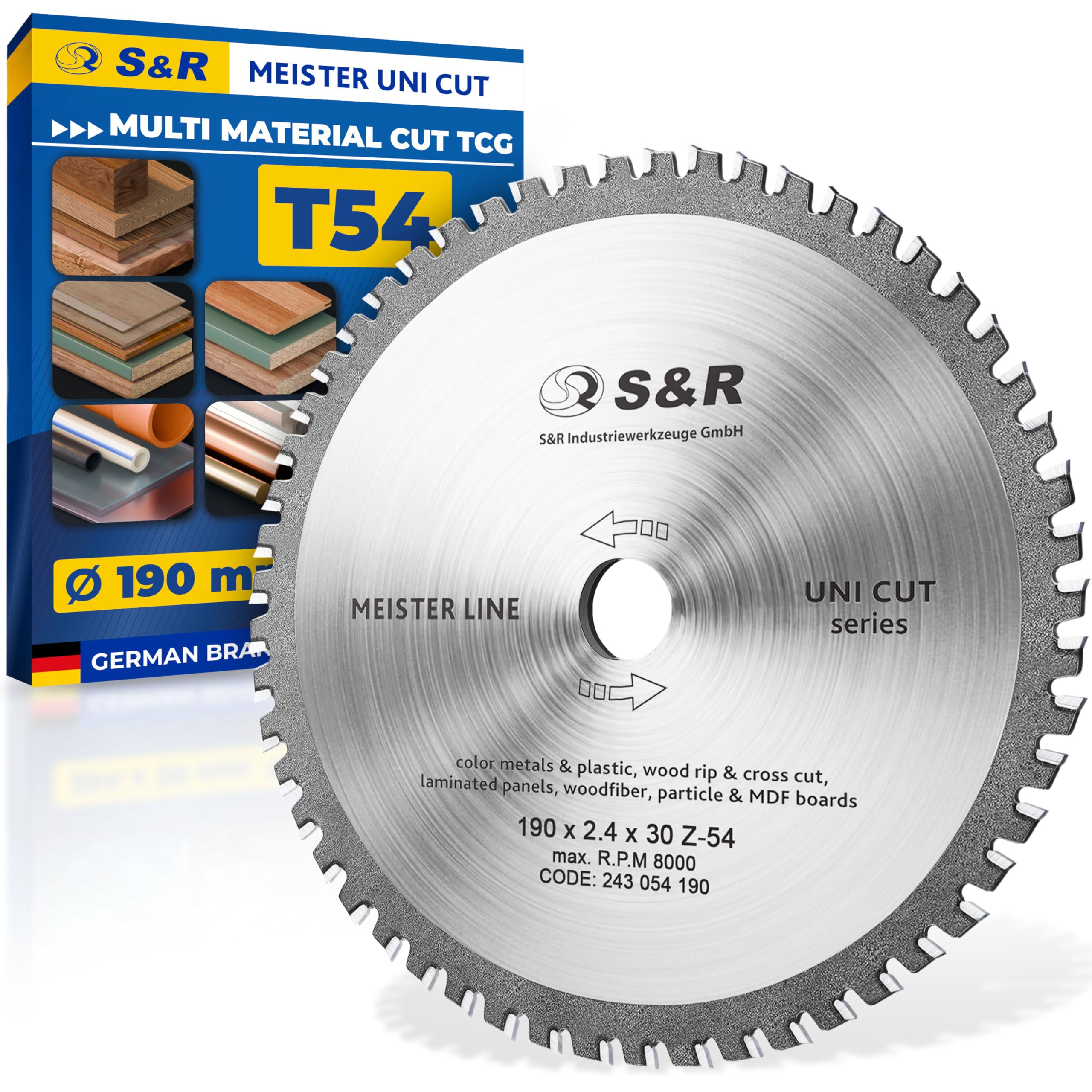 S&R Circular Saw Blade 190 mm x 30 mm – 54T HLTCG Teeth – Multi-Material Saw Blade for Wood with Nails, Plastic, Non-Ferrous Metals, Concrete – Professional Precision Cutting