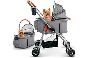 KRYPTON PRO Pet Stroller for Small Medium Dogs & Cats – 2-in-1 Detachable Carrier, Zipperless Entry, Lightweight Folding Travel Stroller with Storage Basket, Cup Holder, Gray
