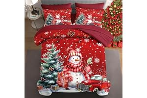 WeCozy 7 Pcs Queen Size Christmas Comforter Set with 2 Pillowcases & 2 Shams, Red Cute Snowman Bedding for Kids and Adults, Farmhouse Truck Snow Bed in a Bag with Flat Fitted Sheet