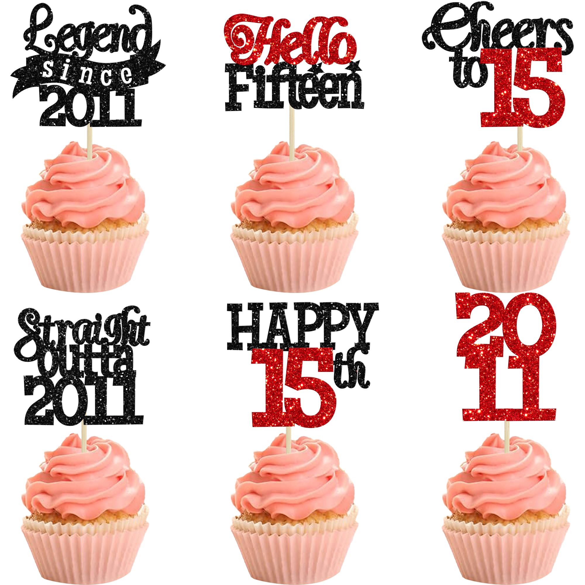 Gyufise 24Pcs Happy 15th Birthday Cupcake Toppers Hello Fifteen Legend Since 2011 Cupcake Picks Cheers to 15 Years Cake Decorations for 15th Birthday Anniversary Party Decorations Supplies Black Red