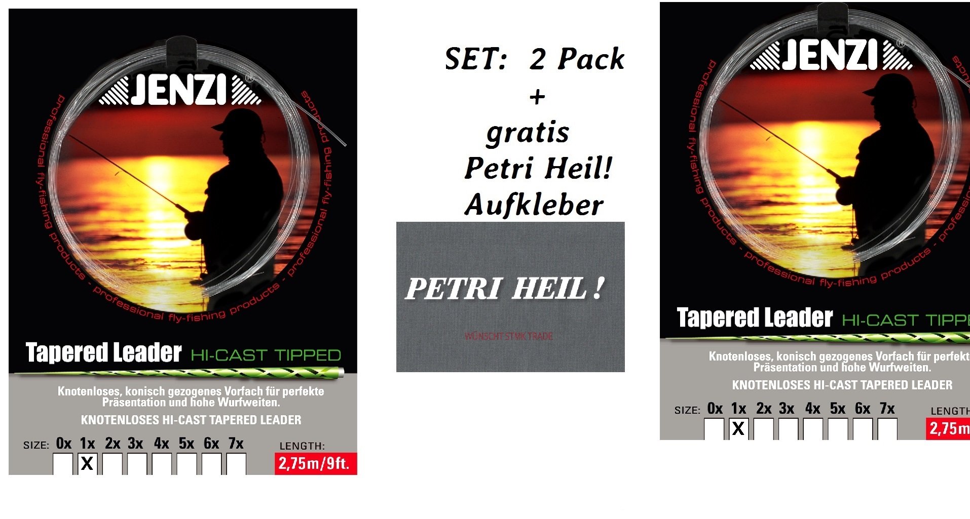 Set: 2 Pack Knotless Tapered Leader 1x/0.28/0.57 + Free Petri Heil. [German Language