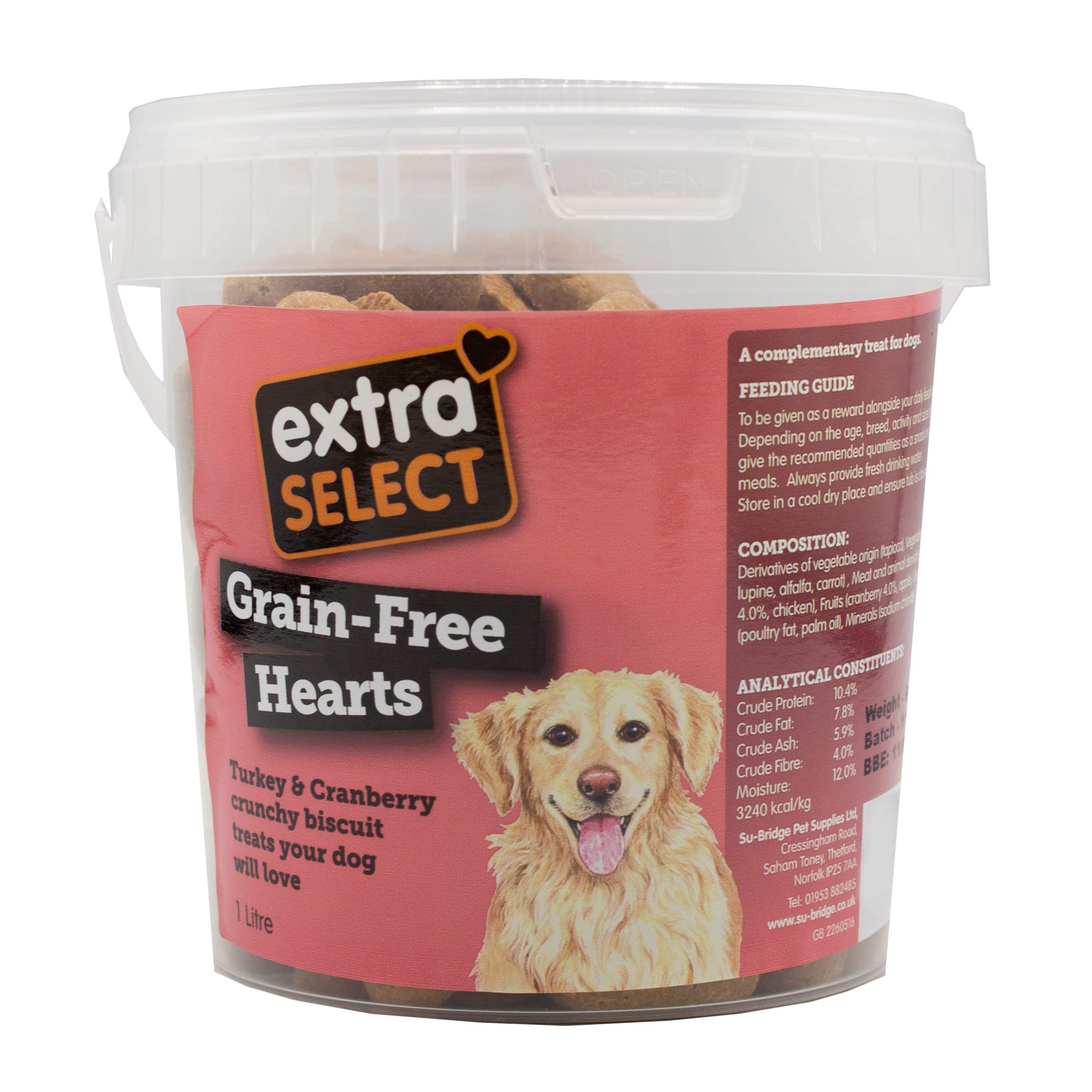 Extra Select Grain Free Baked Heart Shaped Dog Treat Biscuits with Turkey & Cranberry in a 1ltr Bucket (approx 80 biscuits)