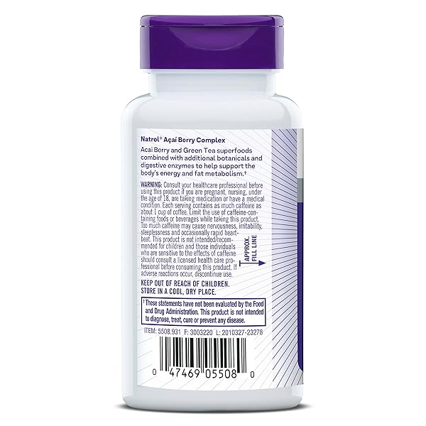 NATROL ACAI BERRY, DIETARY SUPPLEMENT, ANTIOXIDANT PROTECTION & DEFENSE, THE ULTIMATE SUPER FRUIT, 1,000 MG VEGGIE CAPSULES, 60 COUNT