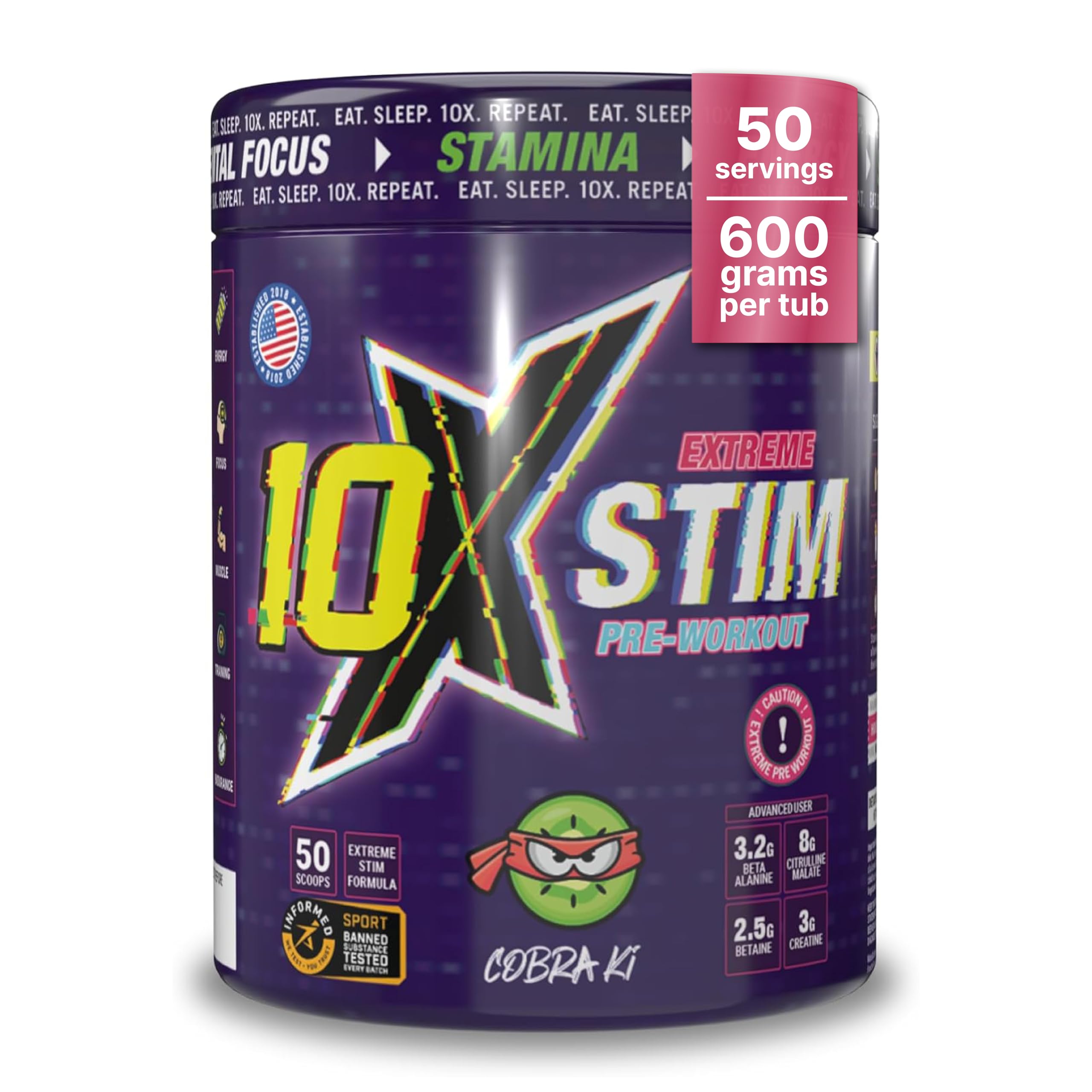 10X Athletic Stim Pre Workout Beta Alanine High Caffeine Creatine Sugar Free |Vegan Low Calorie Atomic Orange Flavour 600g 25/50 Servings (Cobra Ki)