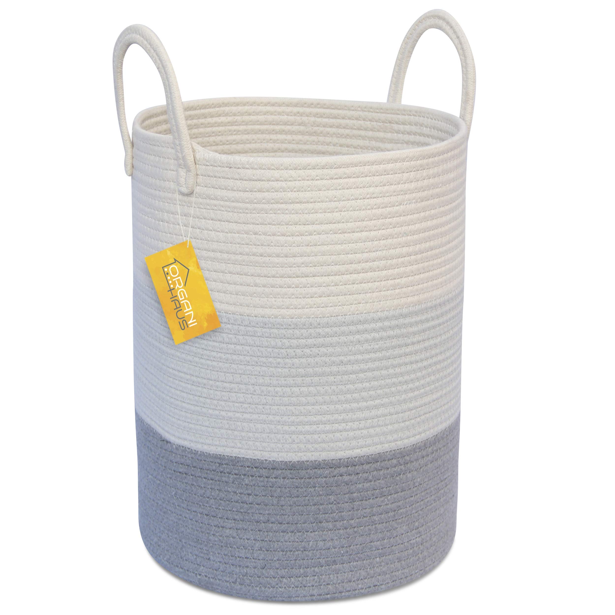 OrganiHaus Cotton Rope Basket | Larger Size 13” x 18" Tall Blanket Storage Basket with Long Handles | Decorative Blanket Basket for Your Living Room Floor | Soft Toy Storage Bin