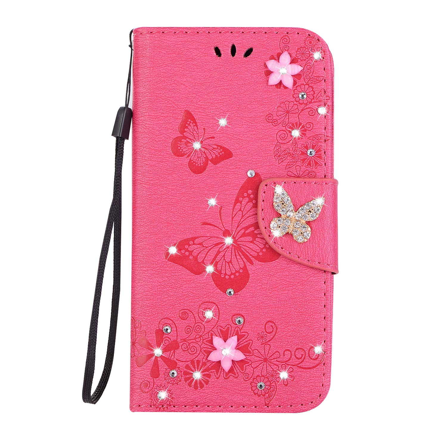 Mo-Somnus For iPhone XR Case [Free Tempered Glass Screen Protector], Bling Sparkly Diamonds Gems Butterfly Design PU Leather Flip Wallet Case Cover For iPhone XR (2018) - 6.1" (Rose Pink)