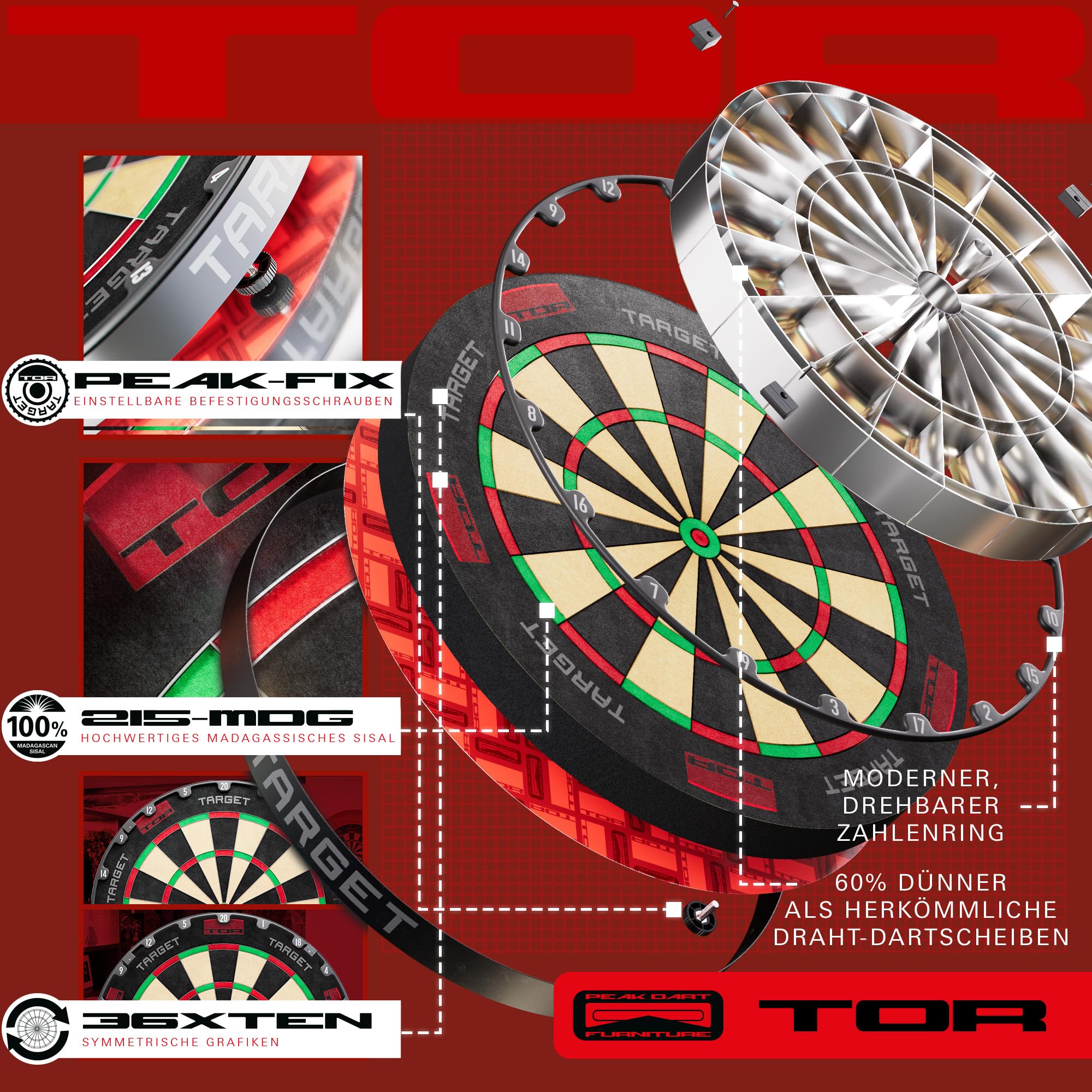 Target Darts Tor Dartscheibe Steeldart, Steeldartscheibe | Professionelle Dartscheibe mit Befestigungsset, moderner rotierender Zahlenring, Premium-Sisal aus Madagaskar Dart Scheibe 3