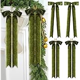 Riceshoot 4 Pcs Valentine's Velvet Bows 23.5'' x 8.7'' Large Handmade Long Fringe Staircase Bows Vintage Raw Edge Velvet Bow Rustic Crafts for Valentine's Tree Gift Wrapping Decor (Olive Green)