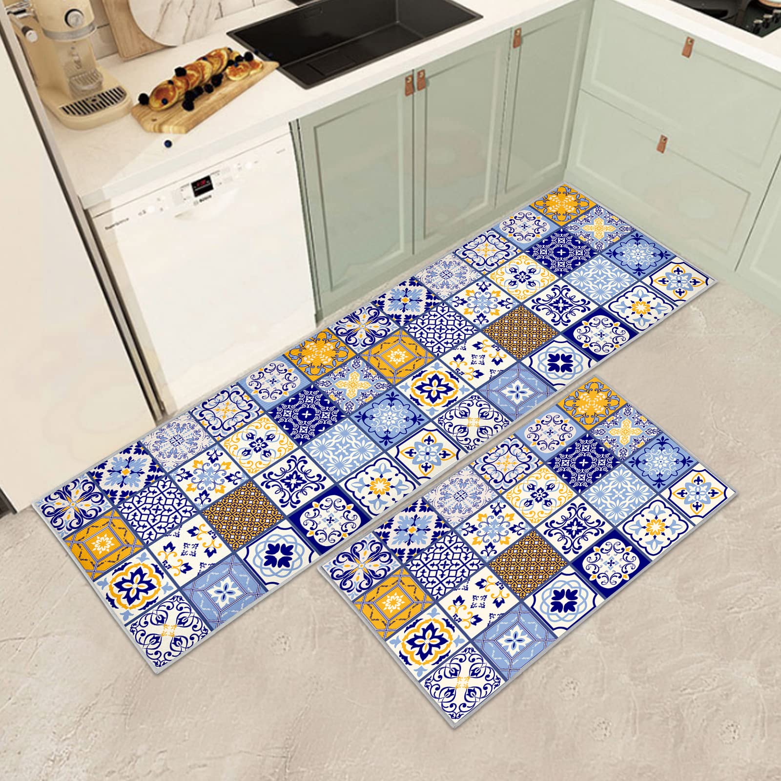 JEFFEL Kitchen Mat Sets Non slip Washable, Kitchen Rugs Runner Set of 2 Anti Fatigue Kitchen Floor Mat for Home Decoration Office Standing Desk (F, 120L x 40W x 0.2Th cm)