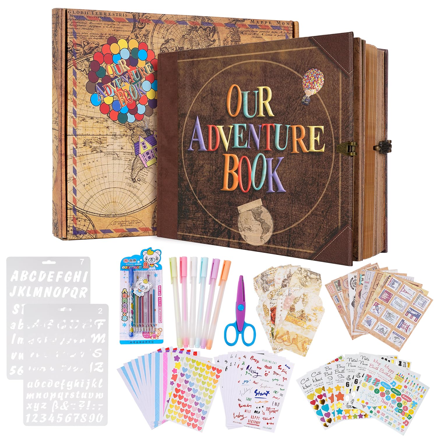 Our Adventure Book 146 Pages 8.9 * 7.7 Inch Scrapbook Photo Album with Scrapbooking Supplies,3D Retro Style Embossed Letter Cover Memory Book for Mother's Day,Anniversary Wedding,Valentine's Day
