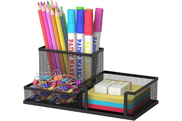 SUPEASY Mesh Pen Holder Desk Organizer, Office Supplies Pencil Storage with 3 Compartments, Office Desk Accessories and Works