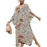 IMAGEKOPE Women's Plus Size Animal Print V-Neck Batwing Kaftan Beach Dress Bathing Suit Cover-Up Loungewear