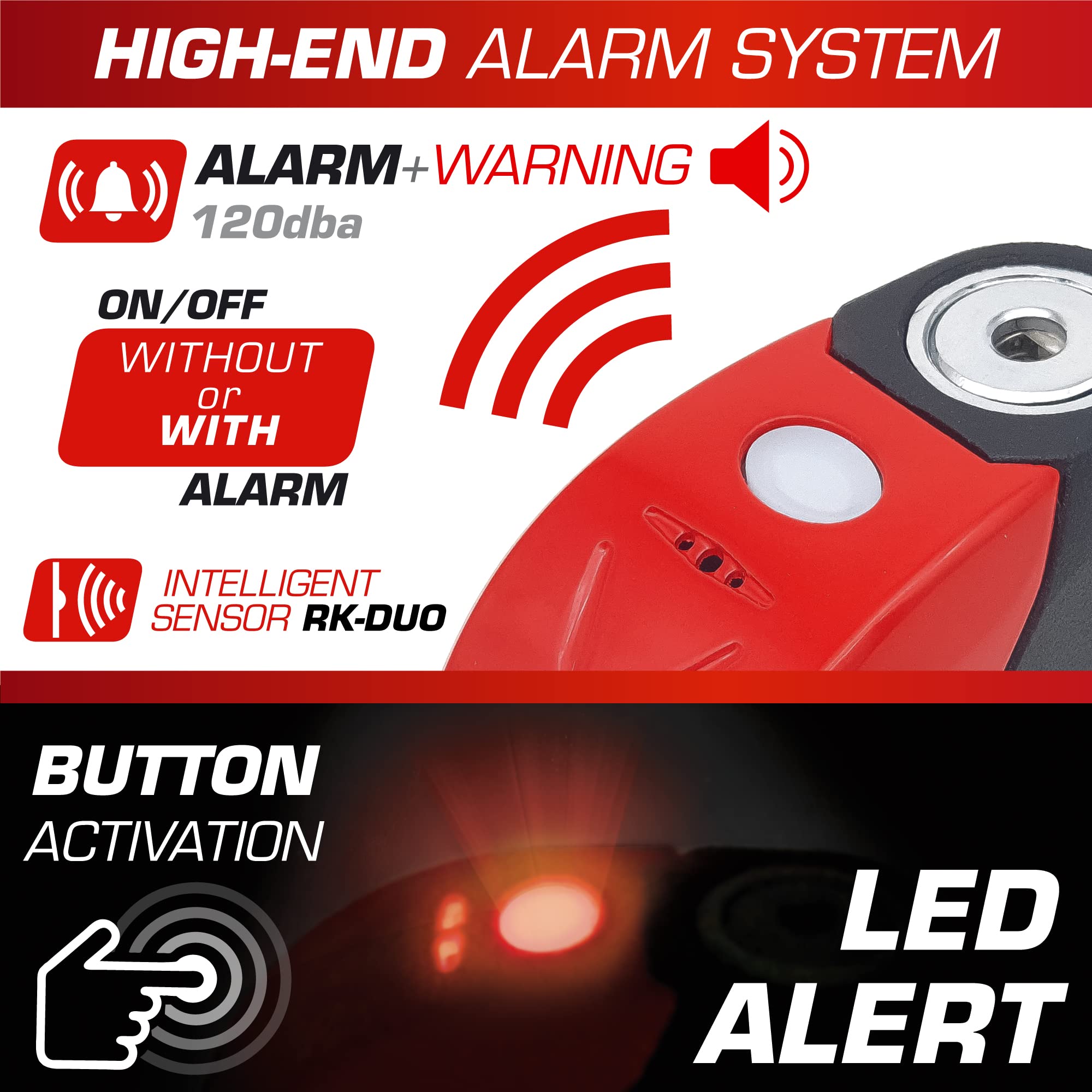 RADIKAL RK9 Disc Lock Alarm 120db ON Button, More Visible, Warning Fonction, 100% Waterproof, Full Metal, Universal Anti Theft Wheel Brake Lock for Motorcycle, Scooter, Bike, Electric Scooter, Bicycle