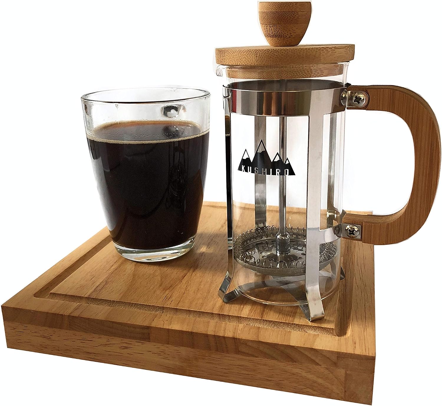 KUSHIRO Wooden Cafetiere French Press Coffee Maker, Bamboo Coffee Plunger, Small Tea Press, 350ml/12oz 1-2 Cup, Silver - Image 3