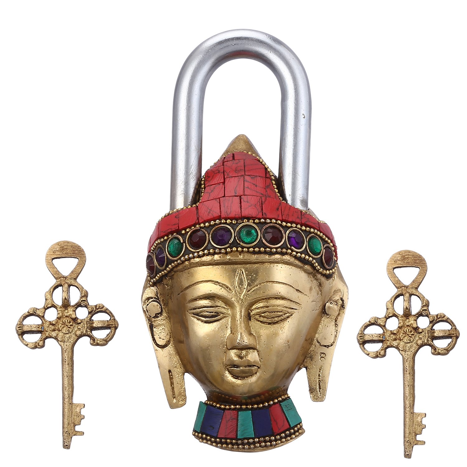 Purpledip Brass Padlock: Lord Buddha Lock with Gemstones; Unique Gift for Security and Décor (10946)