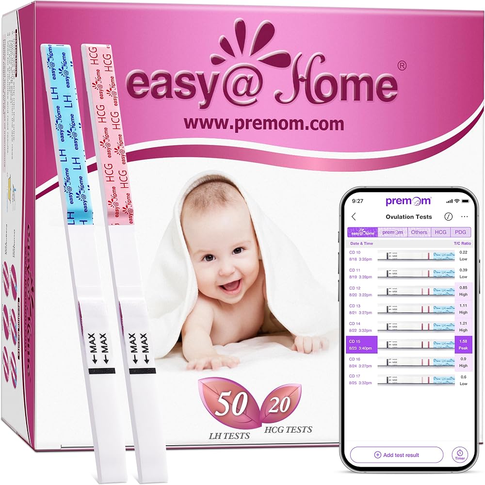 easy@Home 50 Ovulation Test Strips and 20 Pregnancy Test Strips Combo Kit | Powered by Premom Ovulation Predictor App for Dai