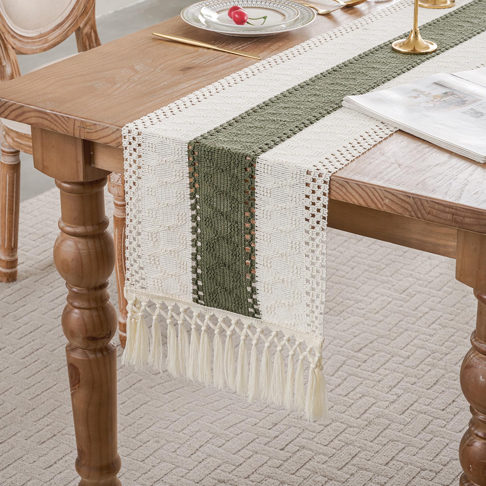 Photo 1 of duduta Sage Green Macrame Table Runner 90 inch Long, Rustic Farmhouse Dresser Covers Boho Summer Coffee Table Decor