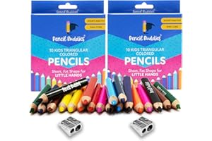 PENCIL BUDDIES Color Pencils Set For Kids (2 Sets) - Short Fat Triangle Pencils for Kids Ages 2-7 - Jumbo Pencils for Preschoolers, Kindergarten, Toddlers, Beginners - Triangular Colored Pencils Sets With Sharpeners