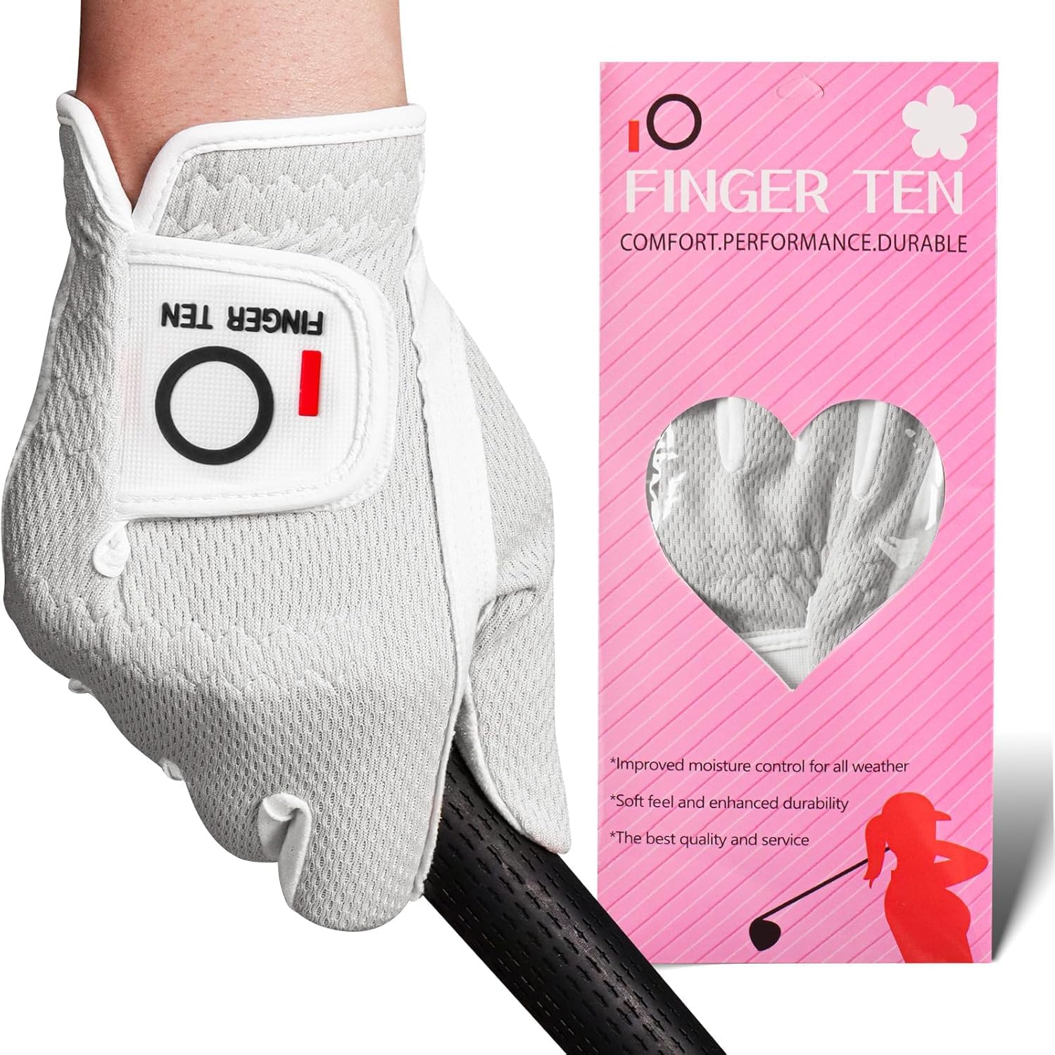 FINGER TEN Golf Gloves Women Left Hand Right Microfiber All Weather Grip Rain Hot Wet Value Pack, Ladies Golf Gloves Soft Flexible Durable Wear Resistance Good Grip (White, M, Right)
