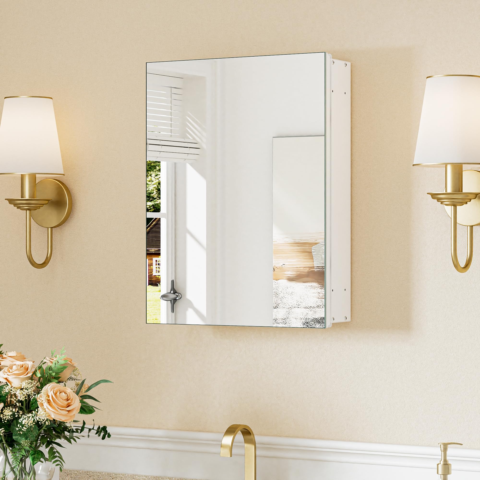 Photo 1 of *** MINOR SCRATCHES ON MIRROR *** Keonjinn Small-Sized White Medicine Cabinet 14.5 x 18.5 Inch, Assembly Required, Mini Medicine Cabinet Mirror for Compact Bathroom, Free Adjustable Shelves, Wall Mount or Recessed, Tempered Glass