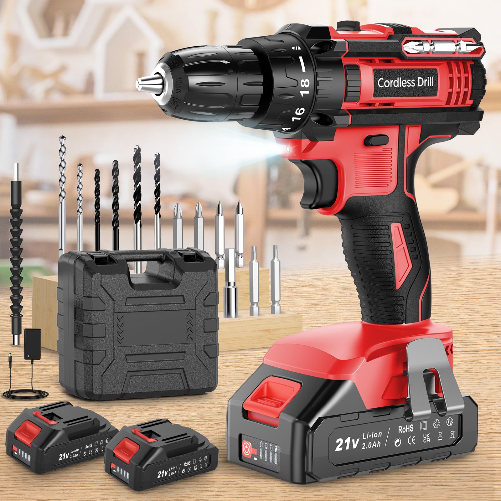 MHPRO Cordless Drill, Power Drill 21V, Electric Drill Set 42N.m with 2 Batteries 2.0Ah, 10mm Chuck, 2 Speeds, 18+1 Torque, LED Light, 14pcs Drill Set for Garden DIY Project, Red