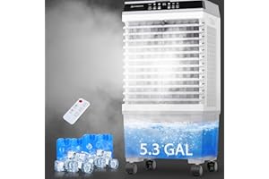 AKIRES Swamp Cooler,Portable Evaporative Air Cooler with 5.3-Gal Large Water Tank,120° Wide Oscillation,4 Ice Packs,12-H Timer,Cooling Tower Fans that Blow Cold Air for Bedroom Indoor Room (31IN)