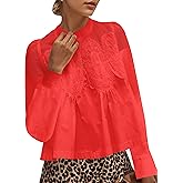 synound Women’s Lace Flared Short Sleeve Blouse Lace Poplin Ruffle Mesh Crew Neck Swing Babydoll Tops Elegant Loose Shirts