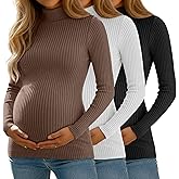 Sweetyweee 3 Pack Women's Maternity Shirts Ribbed Turtleneck Long Sleeve Slim Fit Pregnancy Tops Fall Casual Pregnant Sweater
