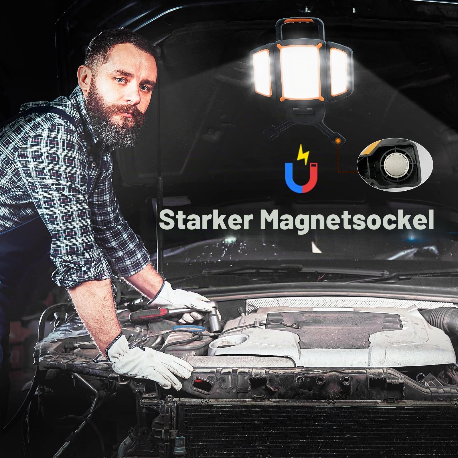 SYLSTAR LED Strahler Akku 30W, 3000LM Super Hell Baustrahler mit Magnet, 5 Lichtmodi und Powerbank, Drehbare Tragbare Wasserdichte Wiederaufladbare Arbeitsleuchte für Garage, Werkstatt 5