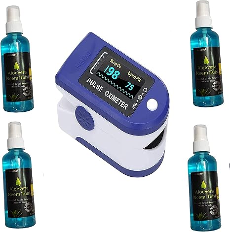 24 HSB Pulse Oxygen Meter, SPO2 Blood Oxygen Saturation, Pulse Rate (PR) with OLED Digital Display With 4-Hand Sanitizer Spray, 100ml Spray Mint Aloe Vera,Neem & Tulsi (Pack of 5)