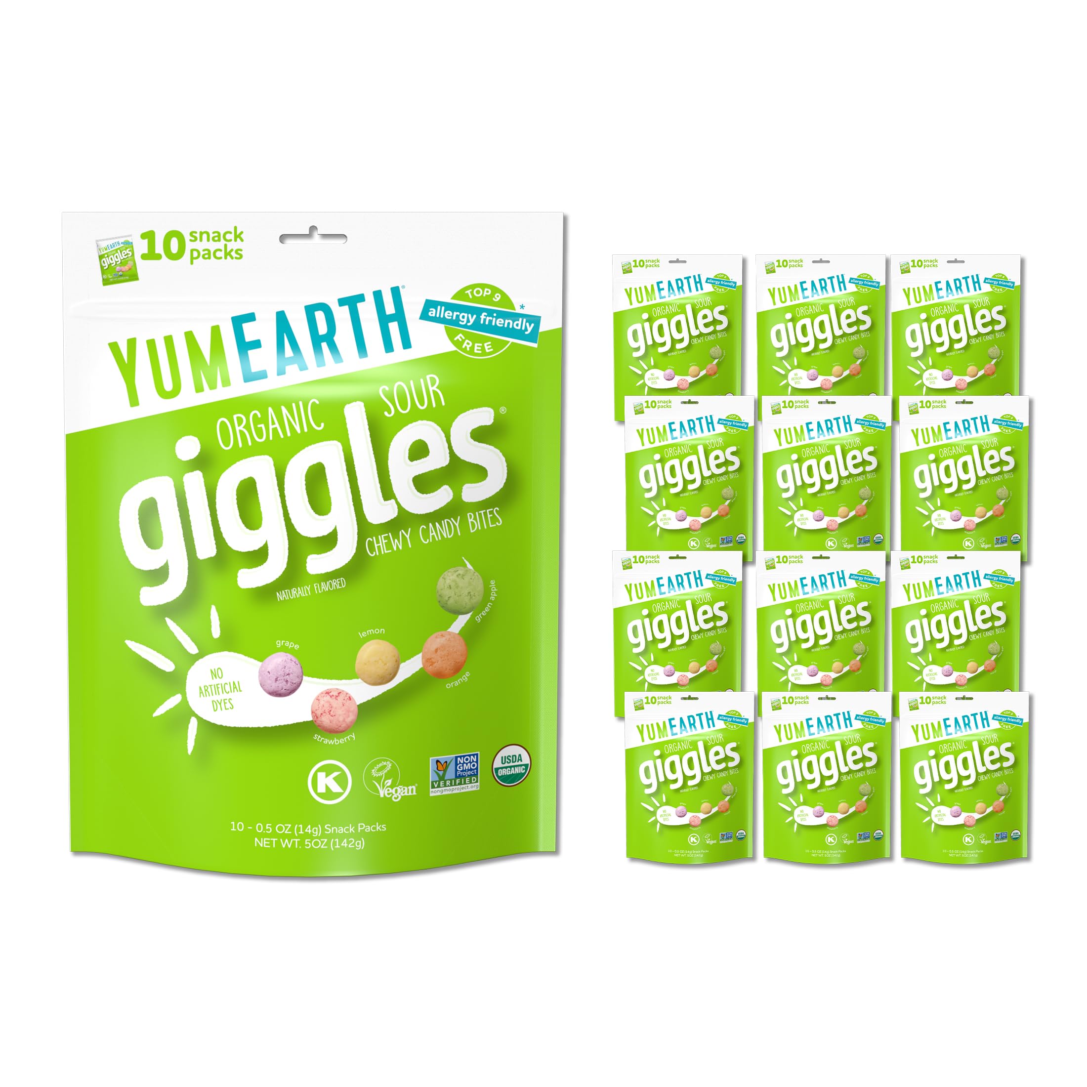 YumEarth Organic Sour Giggles Chewy Candy – Allergy Friendly, No Artificial Dyes, Non GMO, Gluten Free, Sour Fruit Flavored, Vegan Candy Snacks 0.5 oz (Pack of 120)​