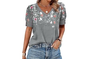 OFEEFAN Womens Tops Short Sleeve Shirts Buttons V Neck Spring Fashion Summer Outfits Plus Size Blouses Dressy Casual