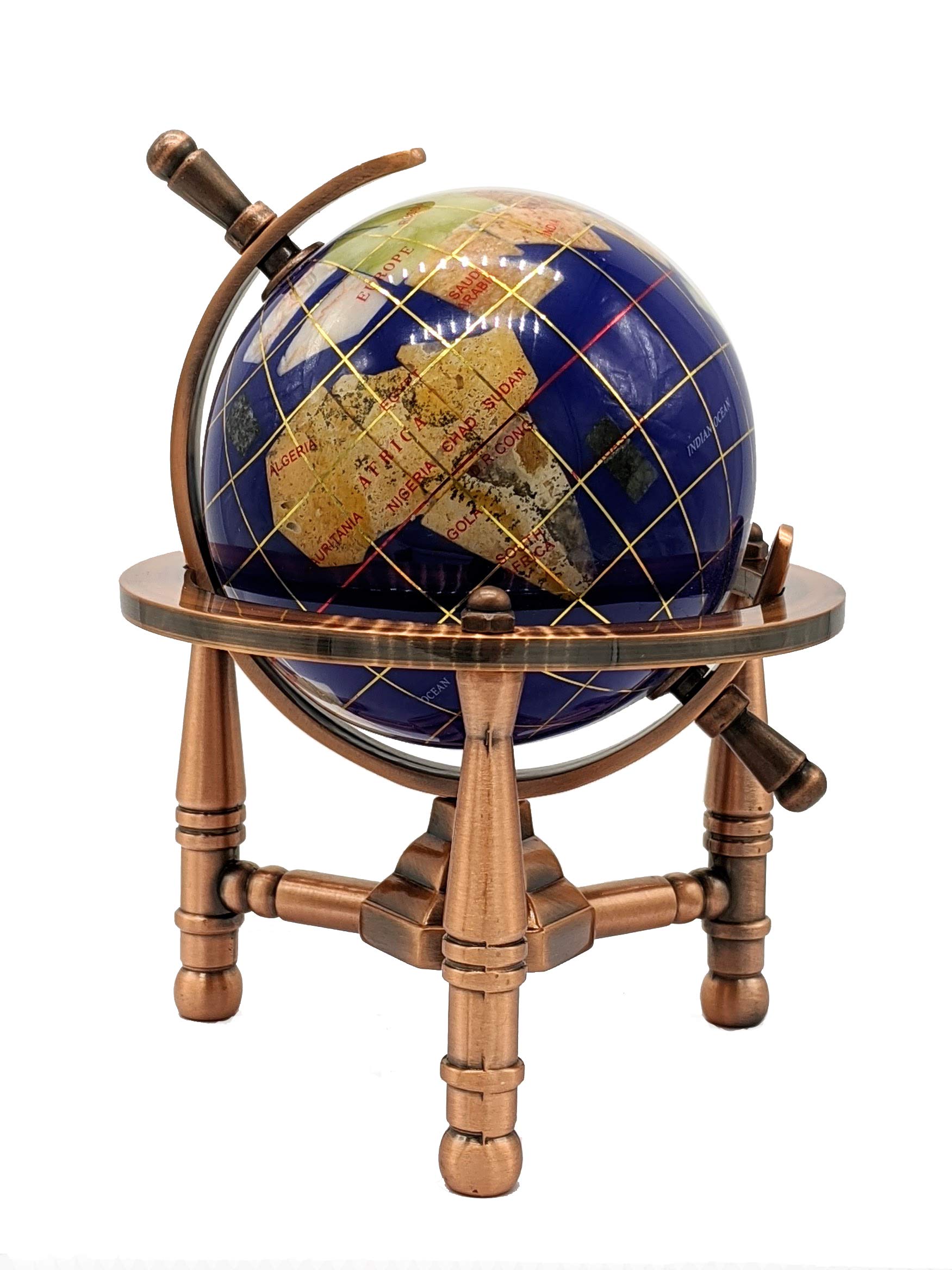 Unique Art 6-Inch Tall Blue Lapis Ocean Mini Table Top Gemstone World Globe with Copper Tripod