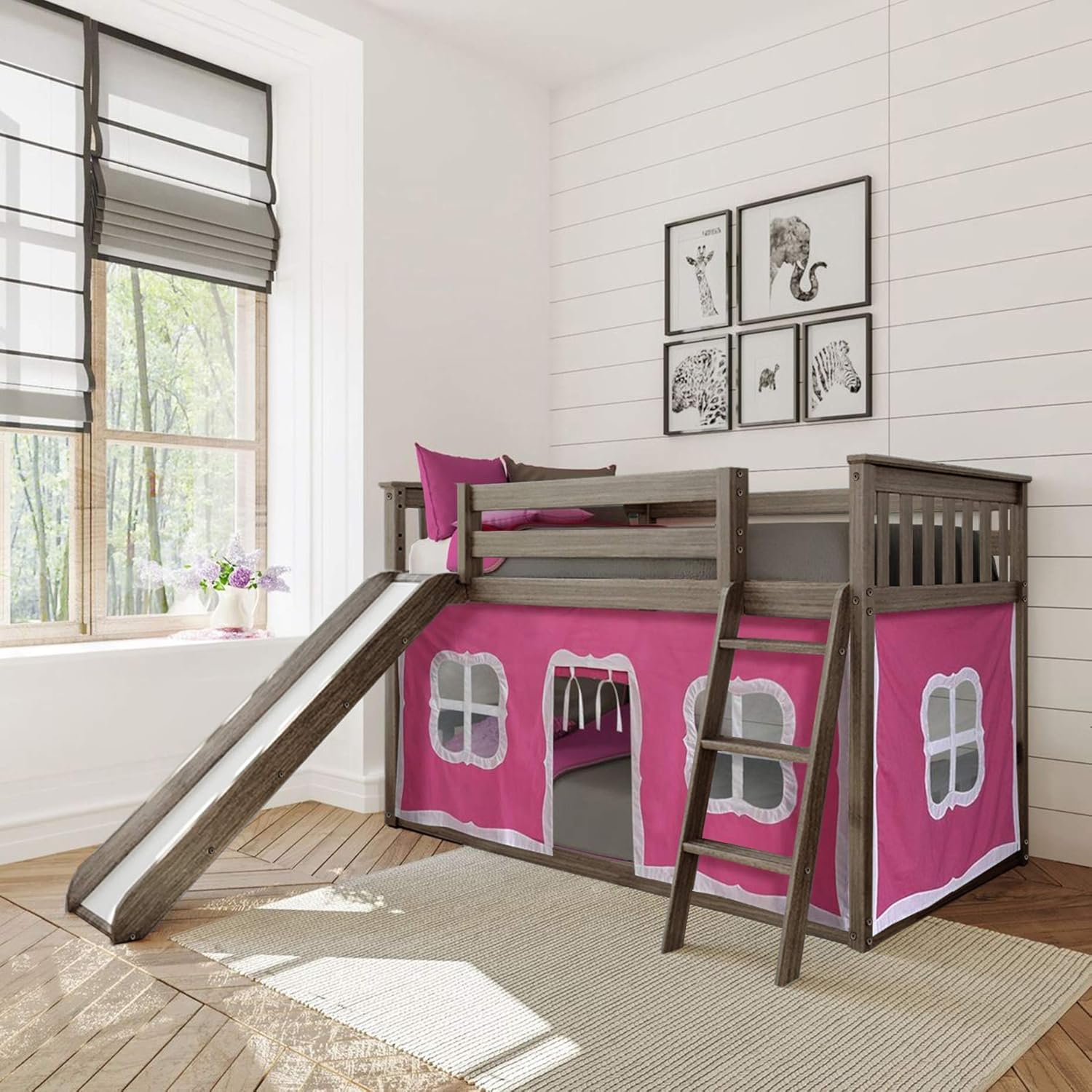 pink bunk bed with slide