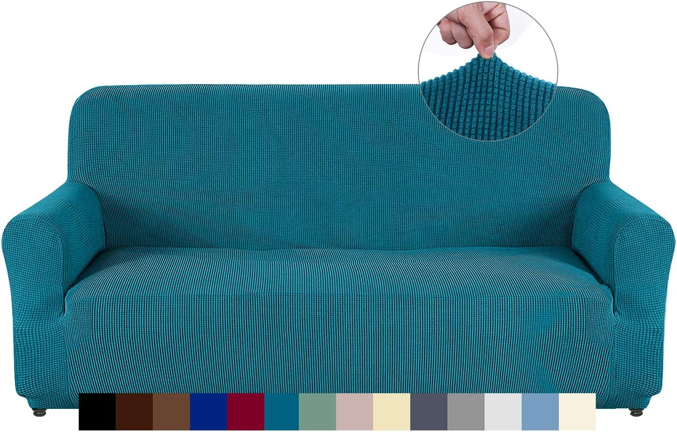 AUJOY Couch Cover Stretch 1-Piece Sofa Slipcover for 3 Cushion Couch Jacquard Spandex Fabric Furniture Protector with Anti-Slip Foams (Sofa, Blackish Green)